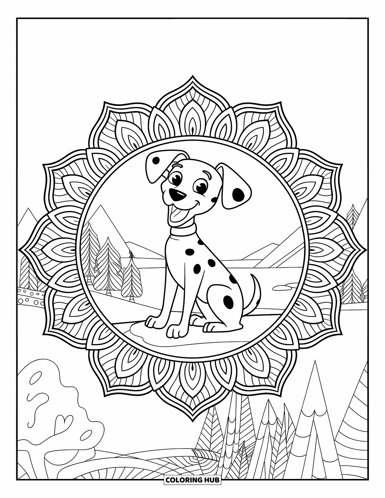 Dalmatian Coloring Page for Adults: A playful dalmatian sits framed by layered mandala petals and a mountain view