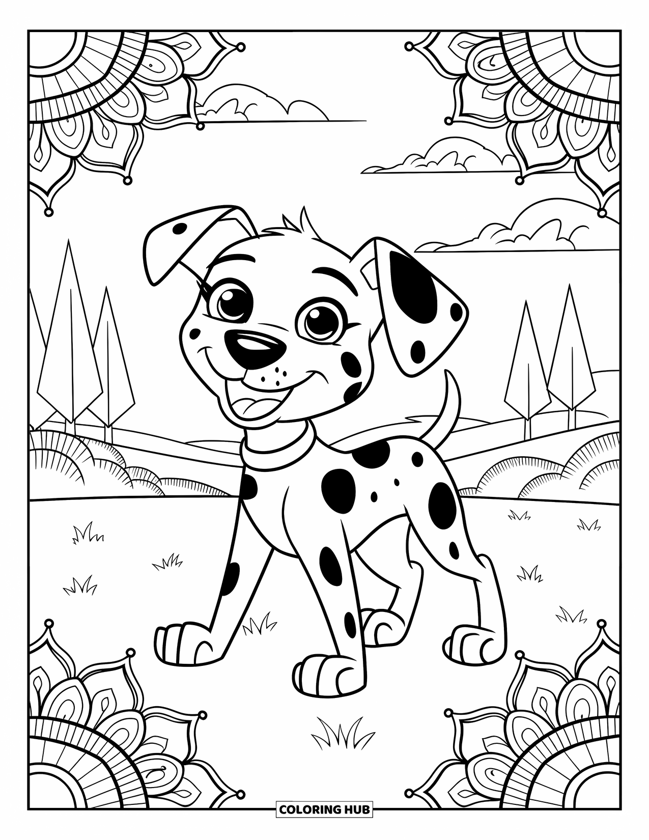 Dalmatian Coloring Page for Adults: A playful dalmatian with a nose spot stands in grass framed by mandala petals