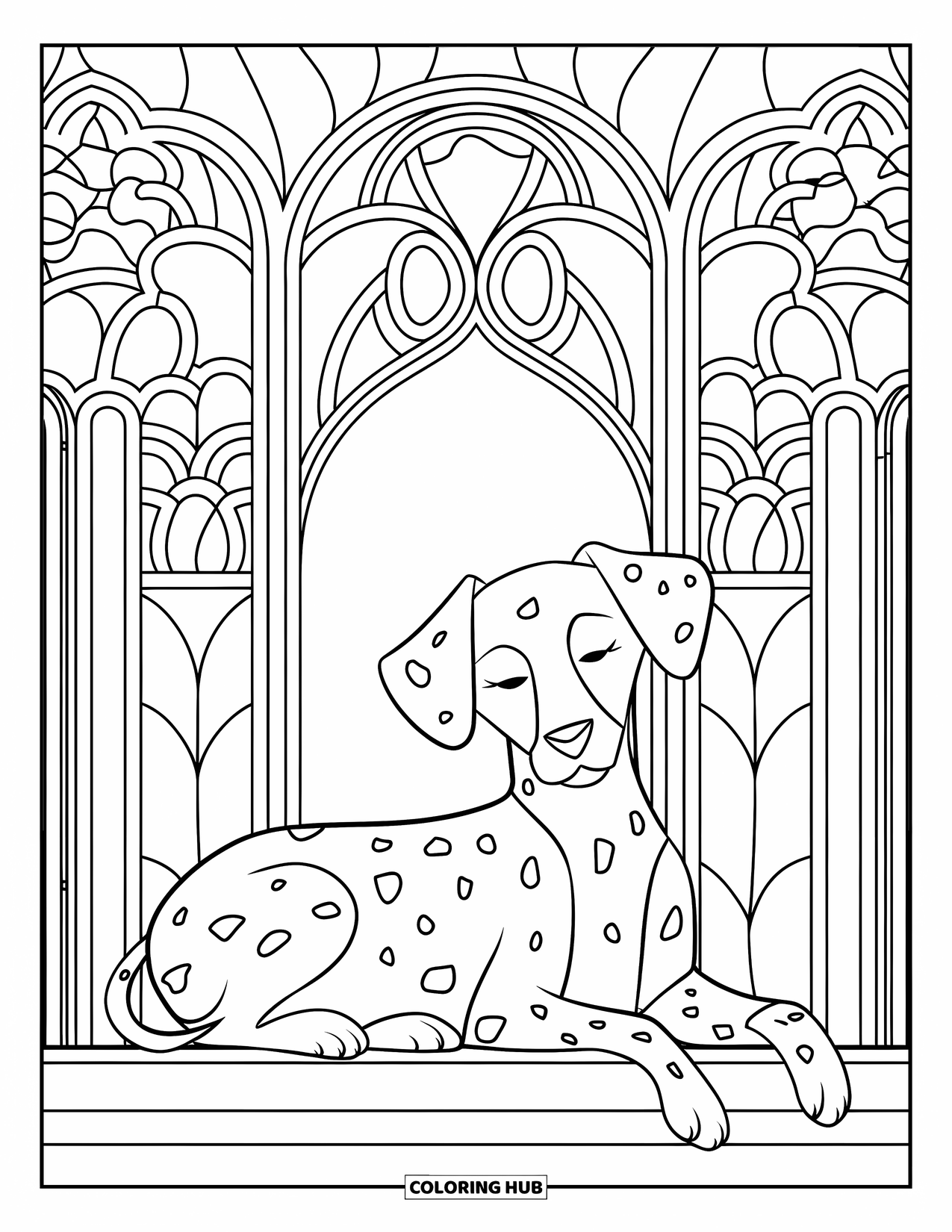 Dalmatian Coloring Page for Adults: A resting dalmatian lies beneath ornate stained glass arches