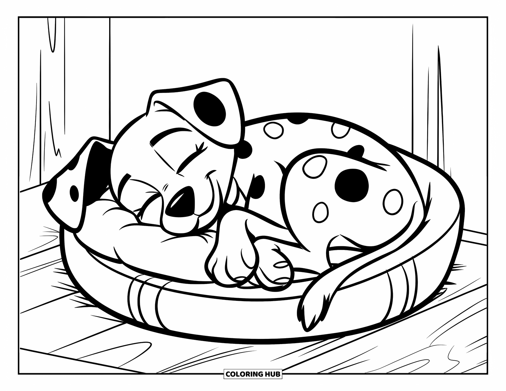 Dalmatian Coloring Page for Kids: A curled dalmatian rests in a bed on a wooden platform