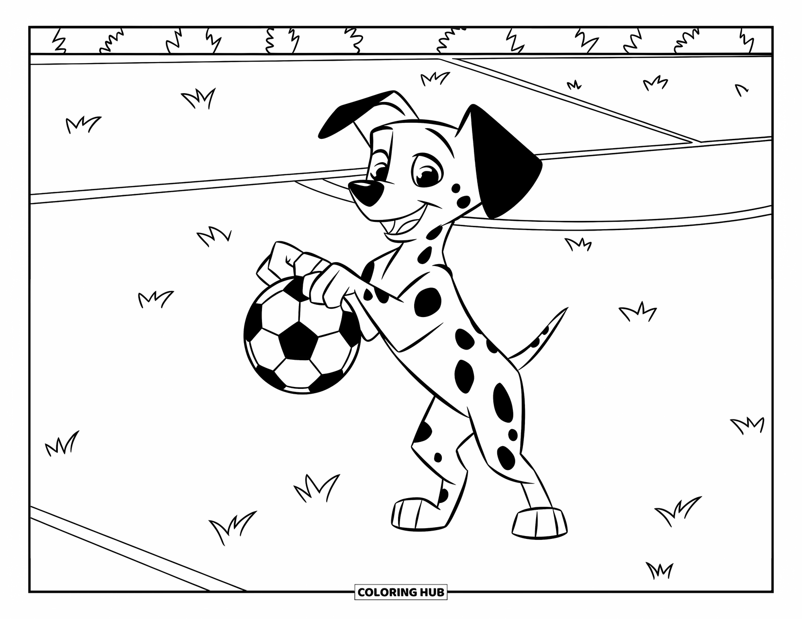 Dalmatian Coloring Page for Kids: A dalmatian balances a soccer ball while standing on its hind legs