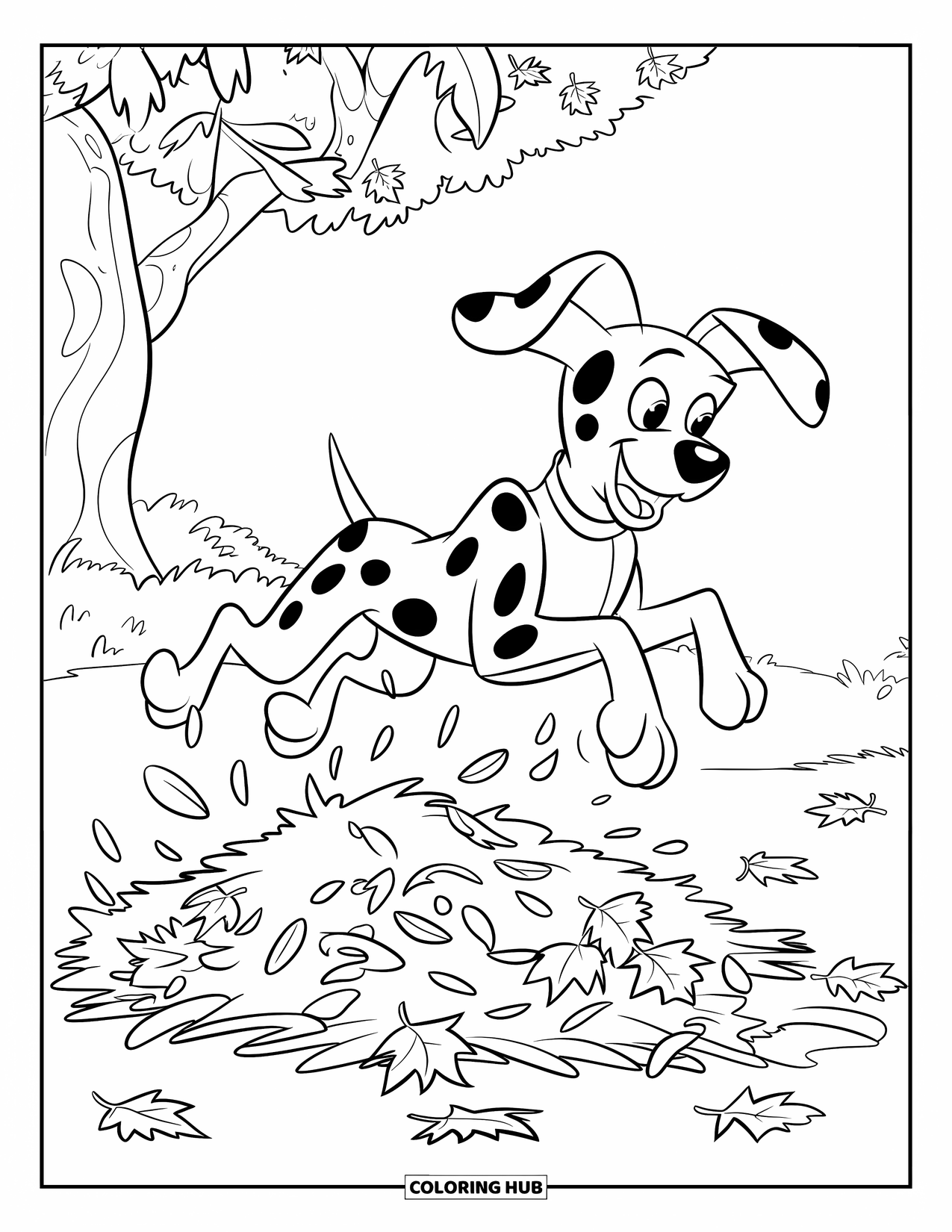 Dalmatian Coloring Page for Kids: A dalmatian bounces into a pile of leaves under a tree
