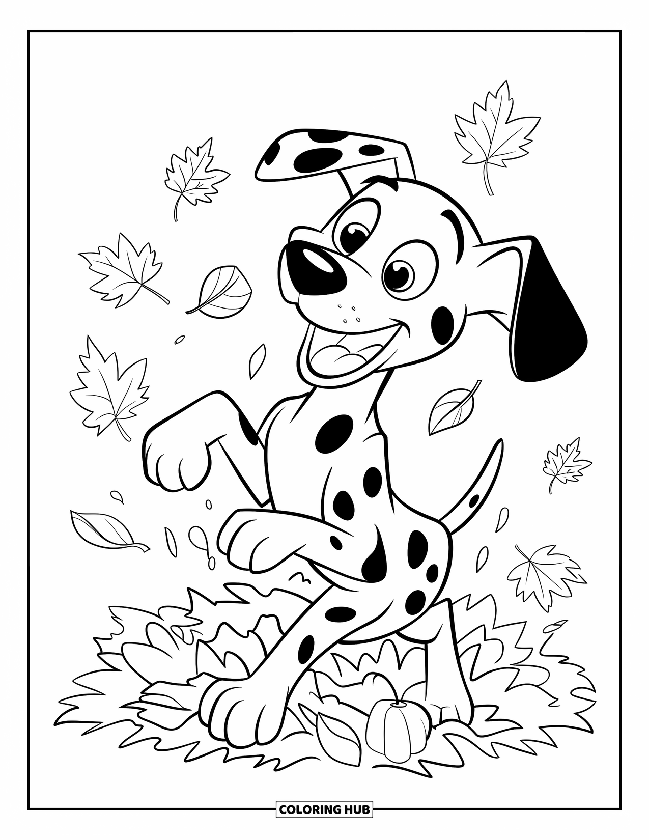 Dalmatian Coloring Page for Kids: A dalmatian happily jumps into scattered autumn leaves