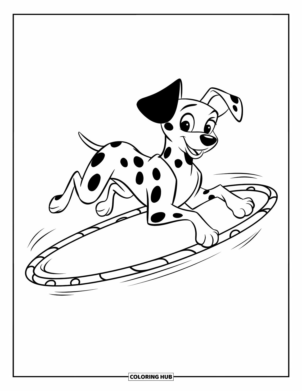 Dalmatian Coloring Page for Kids: A dalmatian jumps mid-air through a hoop, showing off its spots