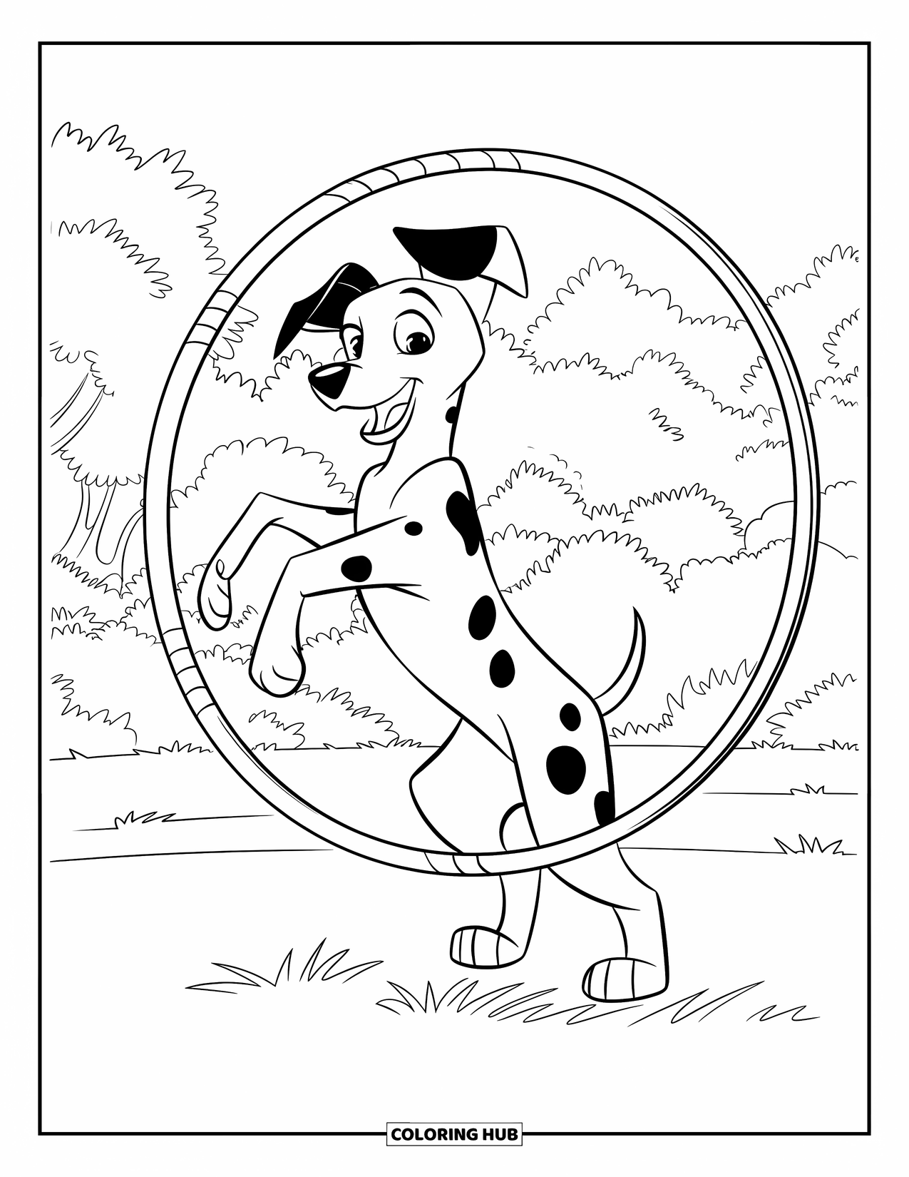 Dalmatian Coloring Page for Kids: A dalmatian leaps through a floating hoop in front of a forest