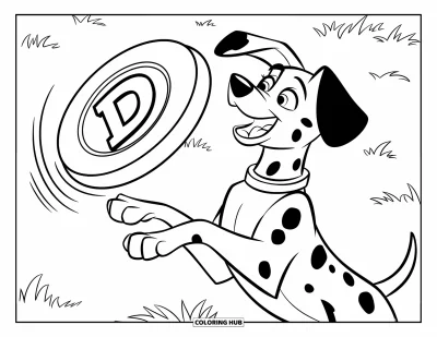 Desen de colorat cu dalmațieni pentru copii: Un dalmațian sare să prindă o frisbee marcată cu un "D" mare