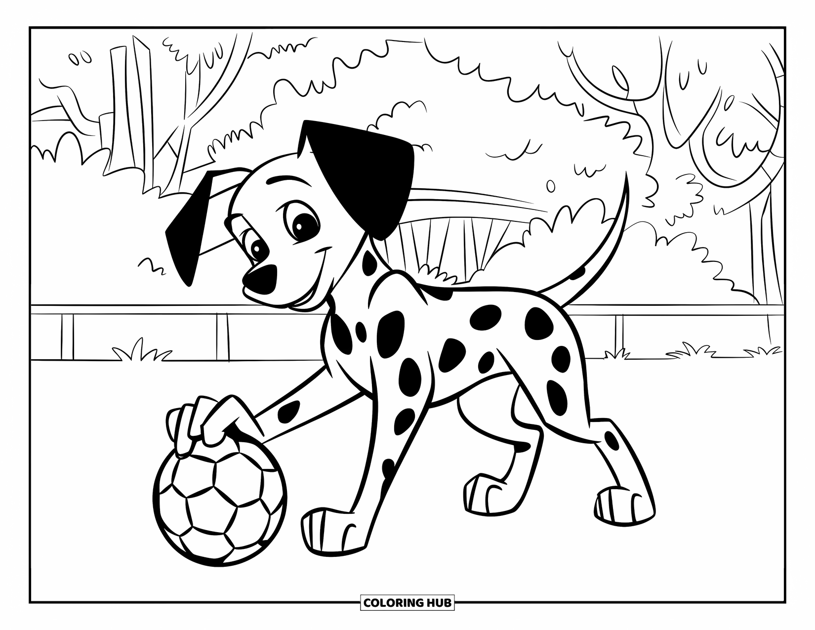 Dalmatian Coloring Page for Kids: A dalmatian plays with a spotted soccer ball near a fence and trees