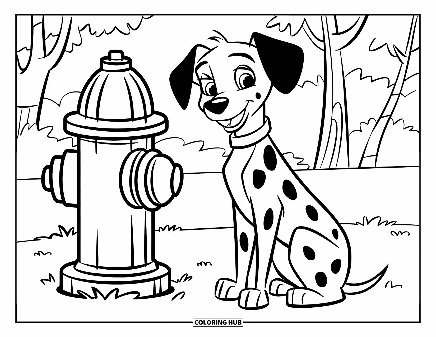 Dalmatian Coloring Page for Kids: A dalmatian sits beside a fire hydrant in a grassy spot
