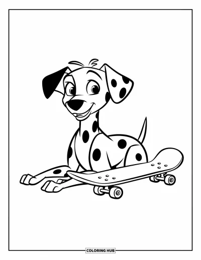 Desen de colorat cu dalmațieni pentru copii: Un dalmațian stă lângă un skateboard culcat pe pământ