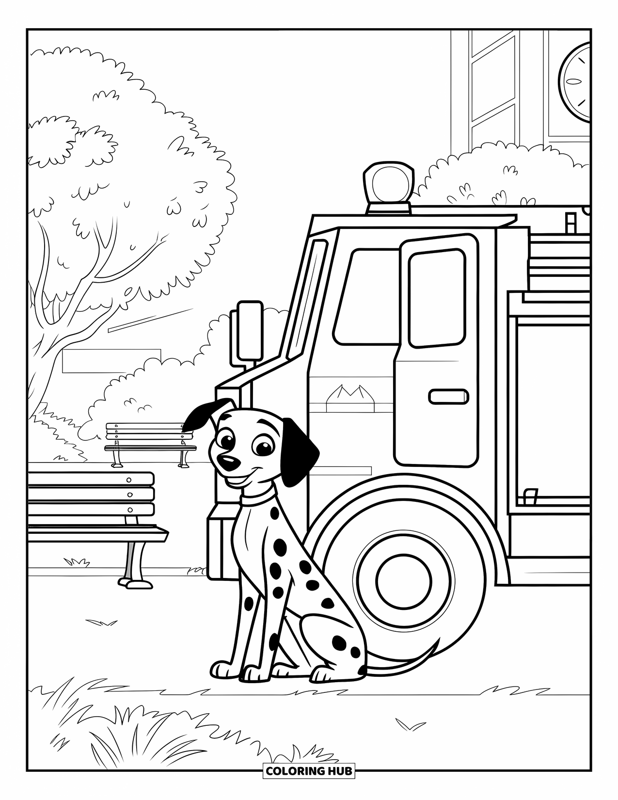 Dalmatian Coloring Page for Kids: A dalmatian sits happily beside a fire truck with open doors