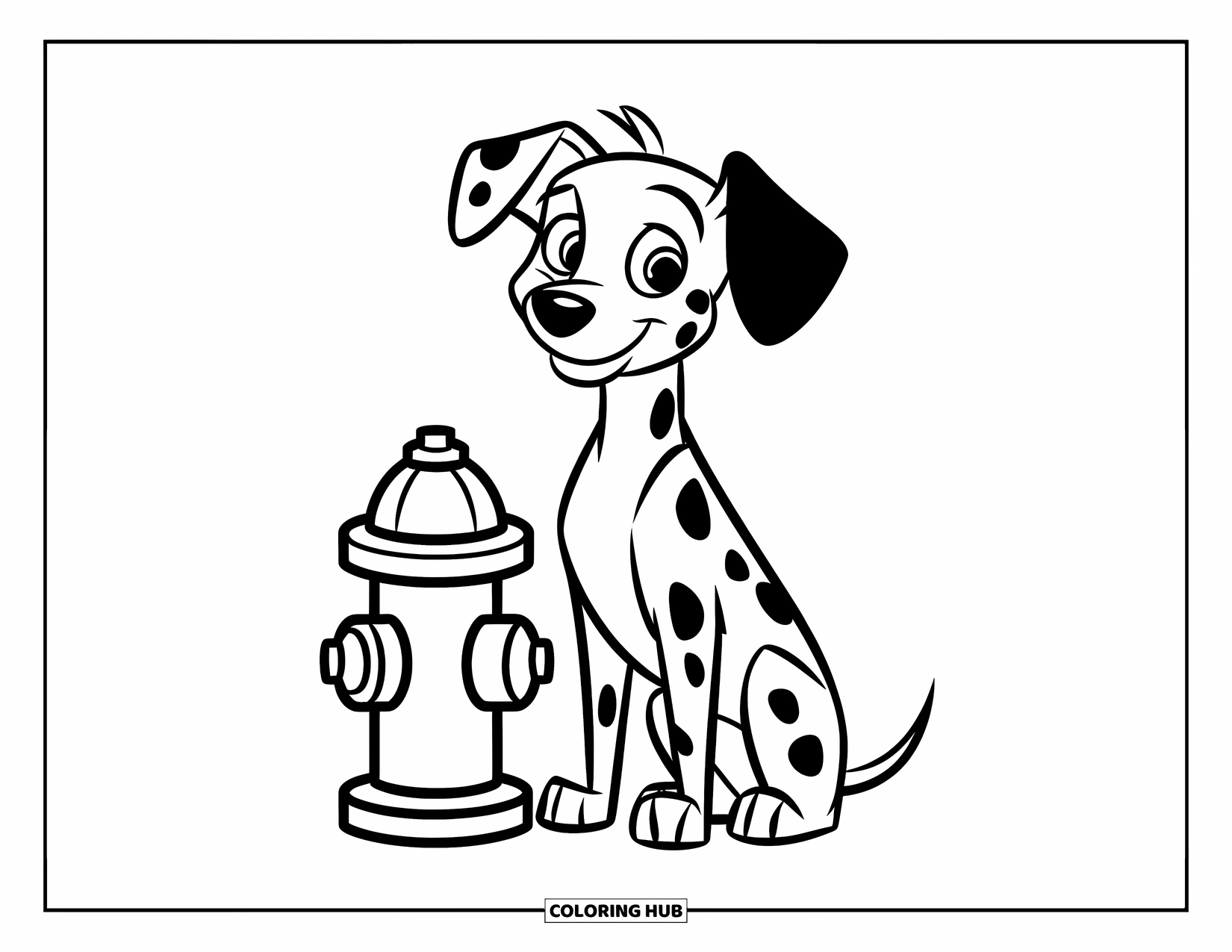 Dalmatian Coloring Page for Kids: A dalmatian sits quietly next to a fire hydrant on the curb