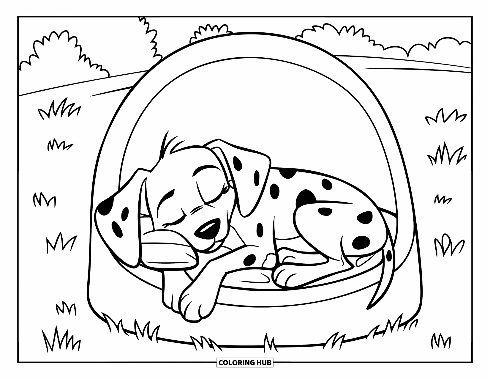 Dalmatian Coloring Page for Kids: A dalmatian sleeps peacefully curled up in a round pet bed