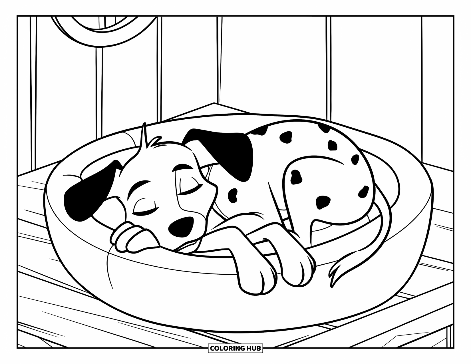 Dalmatian Coloring Page for Kids: A dalmatian snoozes in a round bed beneath a window