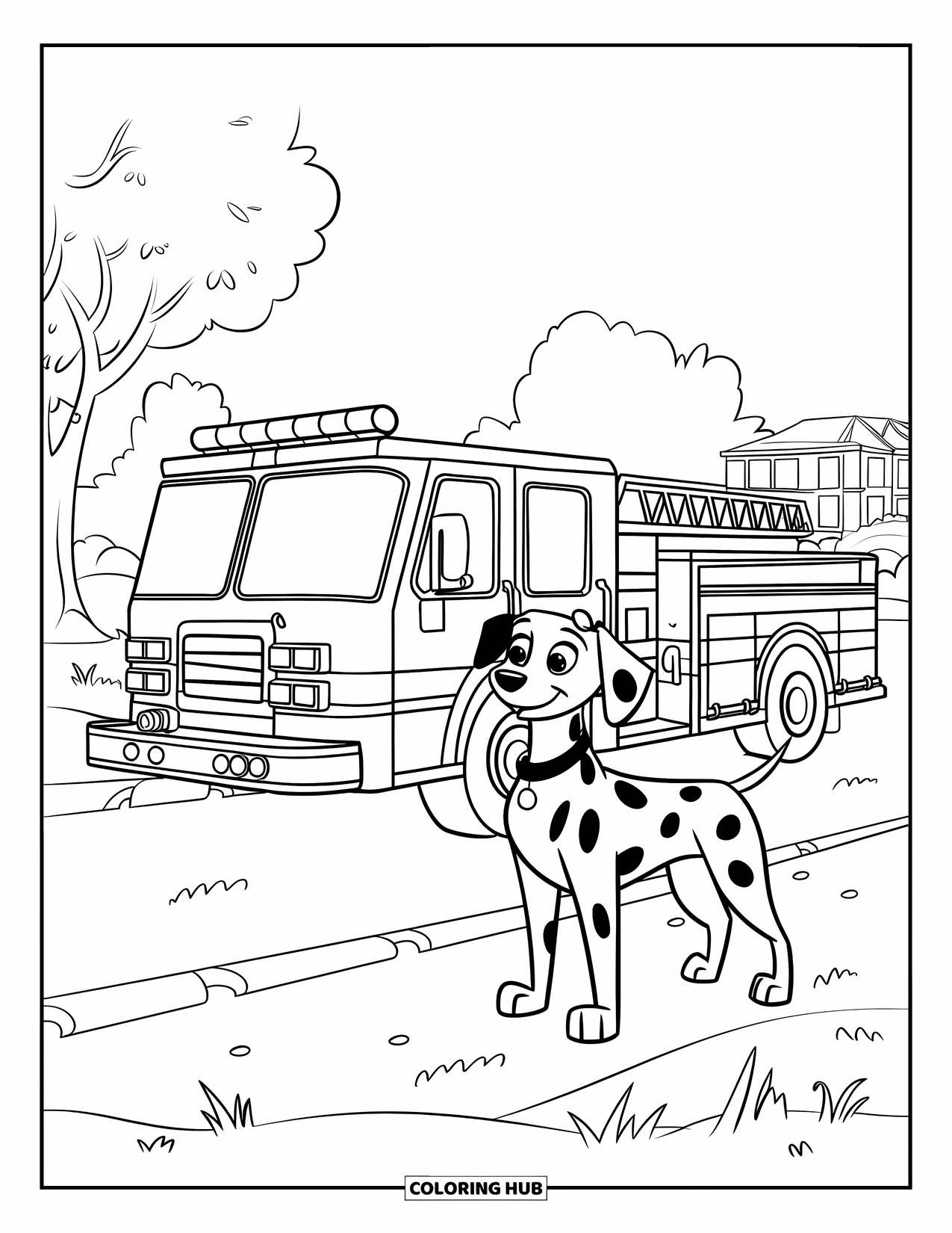 Dalmatian Coloring Page for Kids: A dalmatian stands near a fire truck with ladders in a park