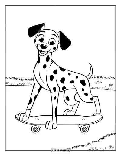 Desen de colorat cu dalmațieni pentru copii: Un dalmațian stă lângă un skateboard pe un teren cu iarbă