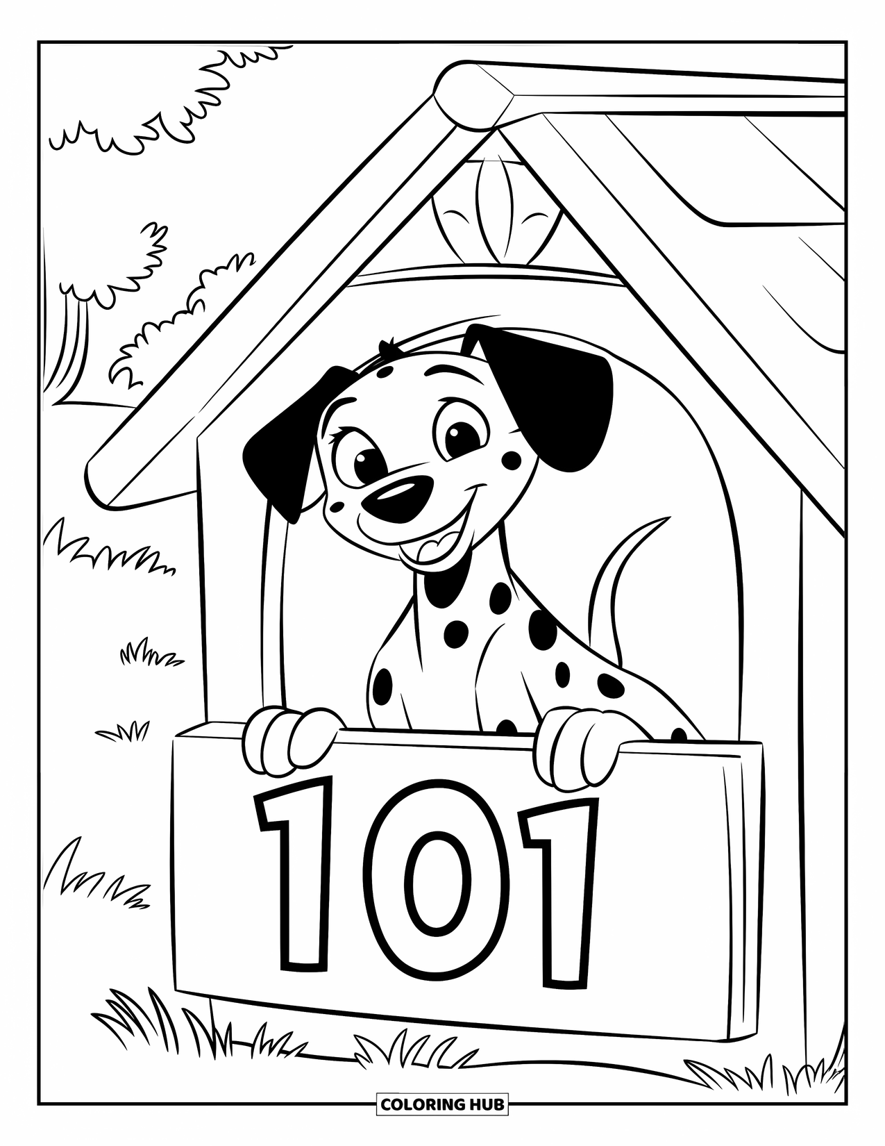 Dalmatian Coloring Page for Kids: A dalmatian wags its tail while peeking from a "101" doghouse