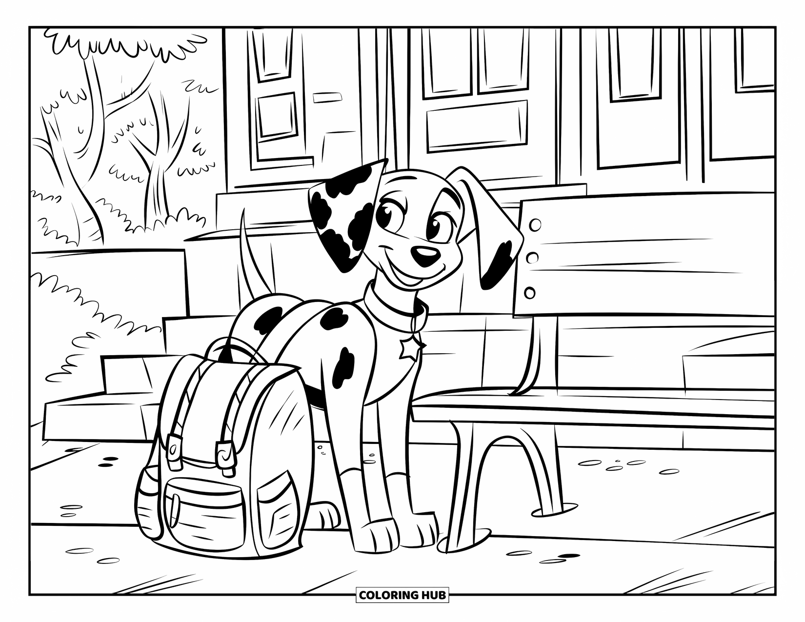 Dalmatian Coloring Page for Kids: A dalmatian wearing a backpack rests by a school bench near a building and trees