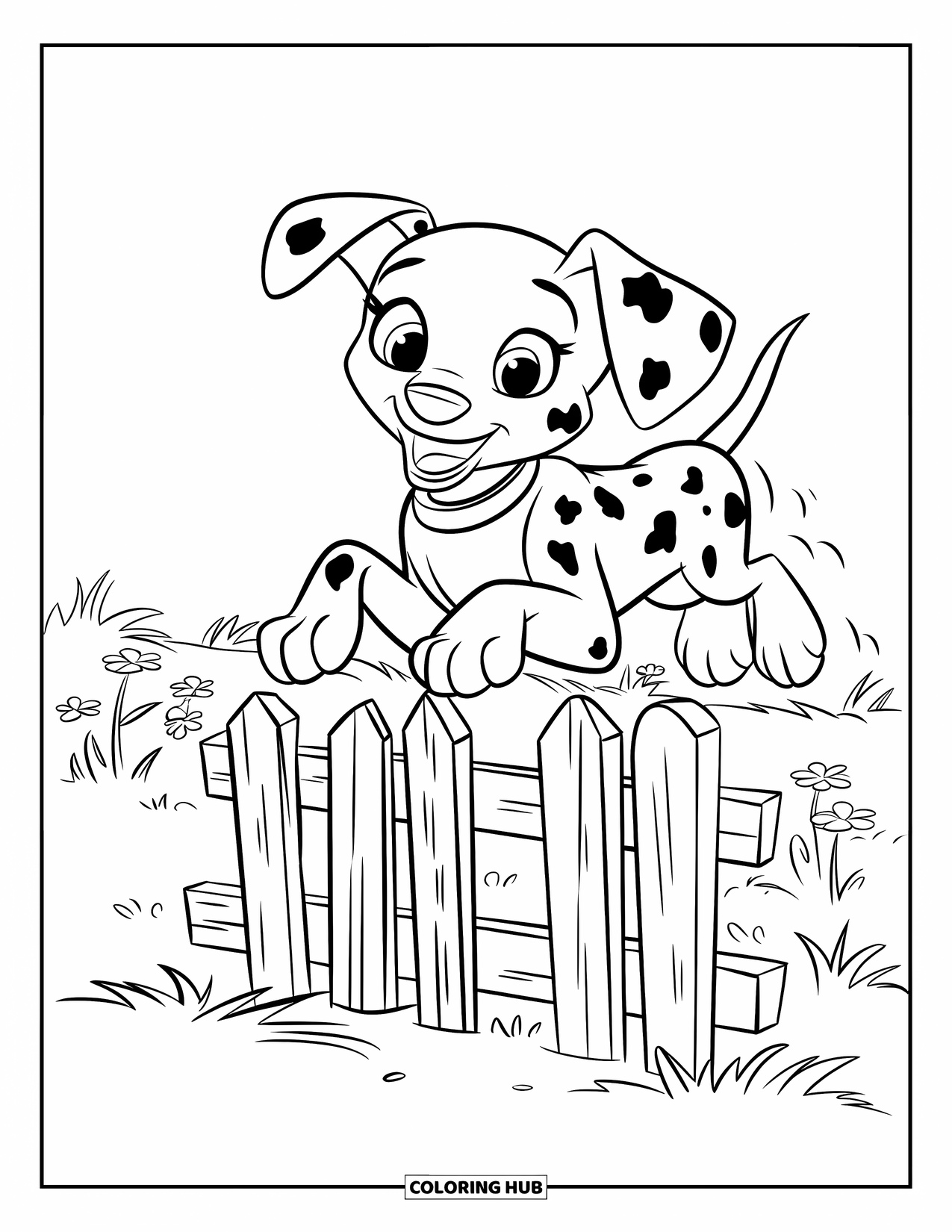 Dalmatian Coloring Page for Kids: A dalmatian wearing a collar jumps over an old rustic fence