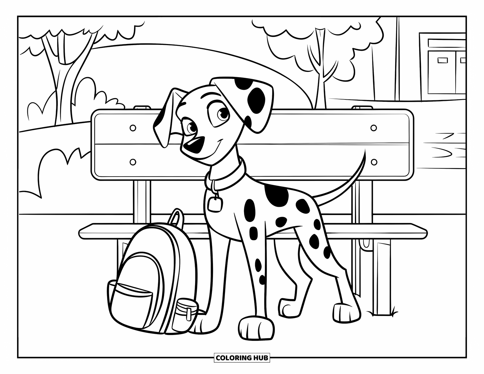 Dalmatian Coloring Page for Kids: A dalmatian with a backpack stands beside a school bench near trees and a building
