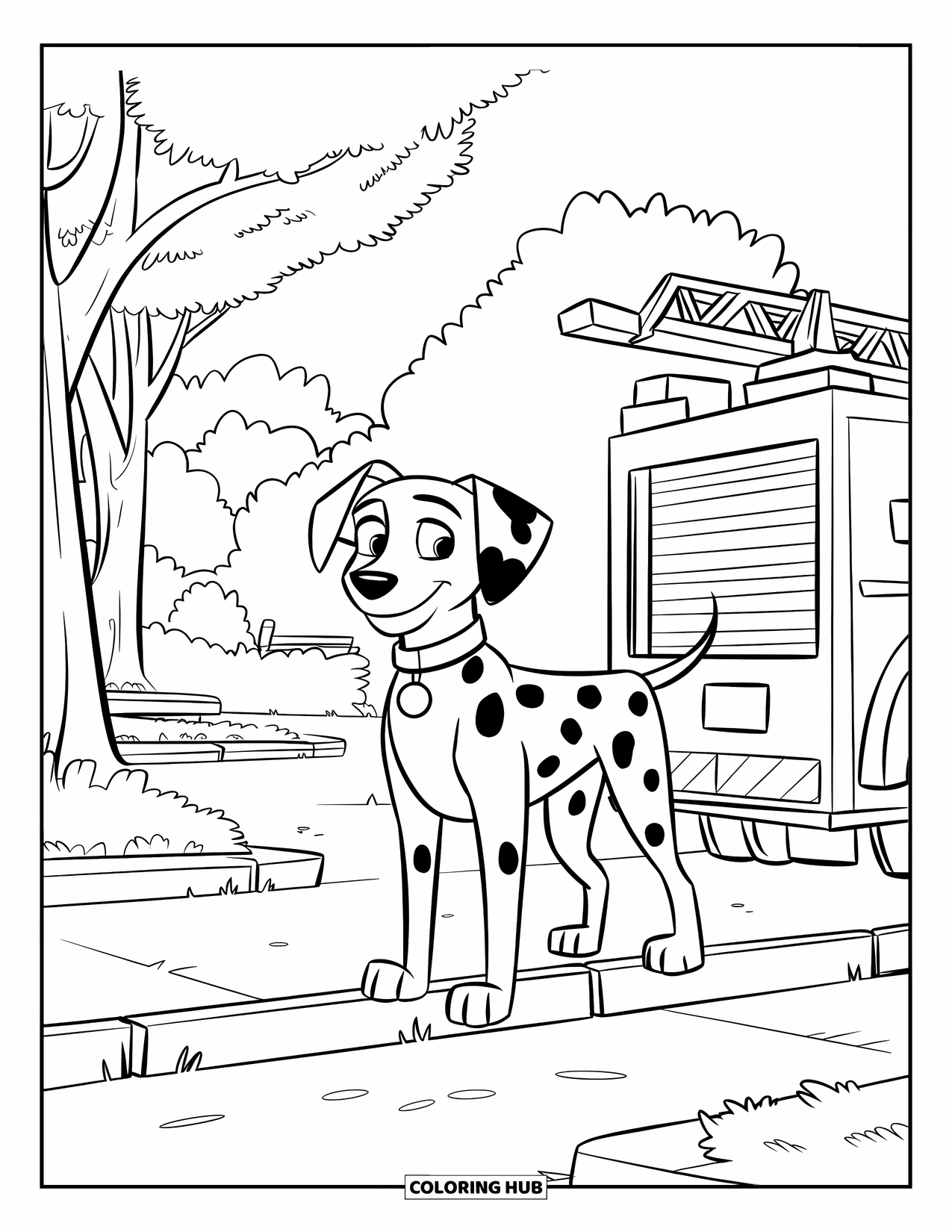 Dalmatian Coloring Page for Kids: A dalmatian with a collar stands by a fire truck near benches