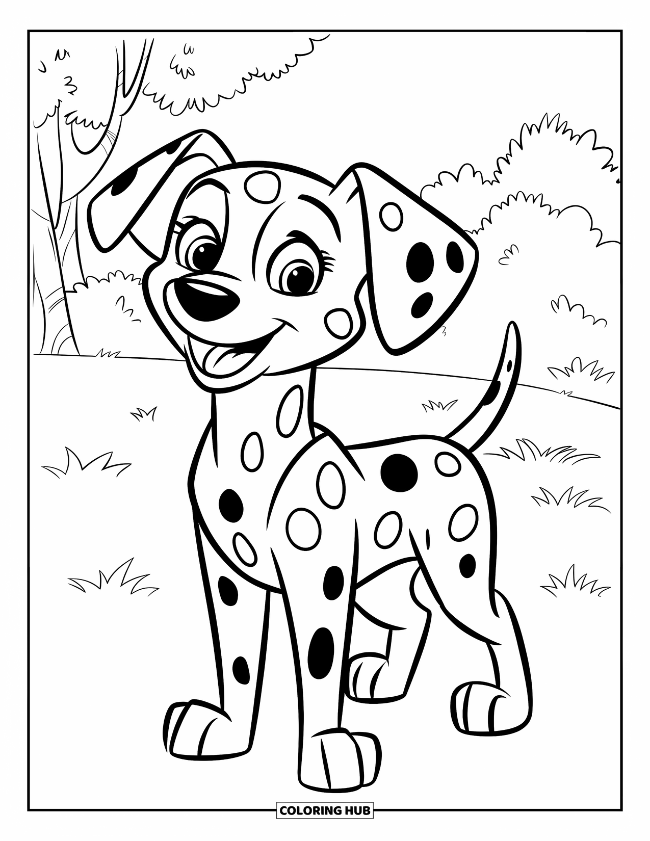 Dalmatian Coloring Page for Kids: A dalmatian with big spots stands happily on a grassy field