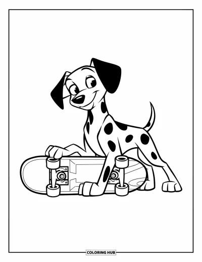 Desen de colorat cu dalmațieni pentru copii: Un dalmațian jucăuș se echilibrează lângă un skateboard cu desene îndrăznețe