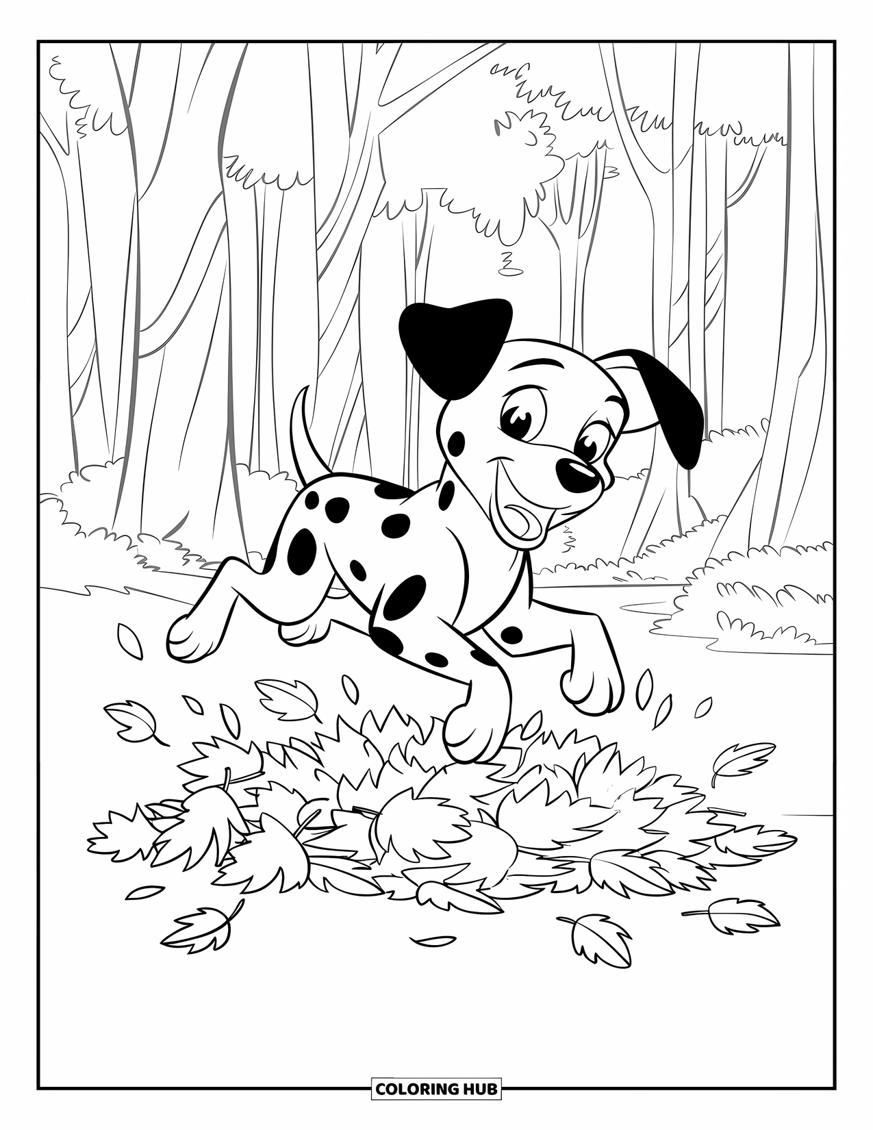 Dalmatian Coloring Page for Kids: A playful dalmatian jumps into a big pile of autumn leaves