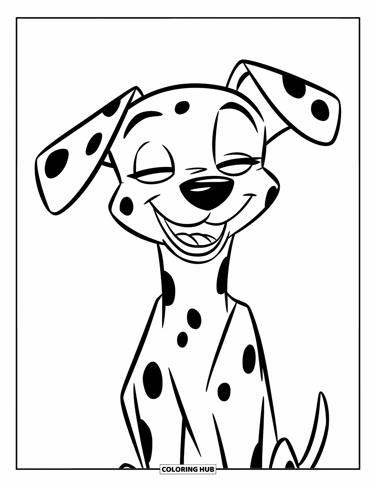 Dalmatian Coloring Page for Kids: A smiling dalmatian with floppy ears closes its eyes happily