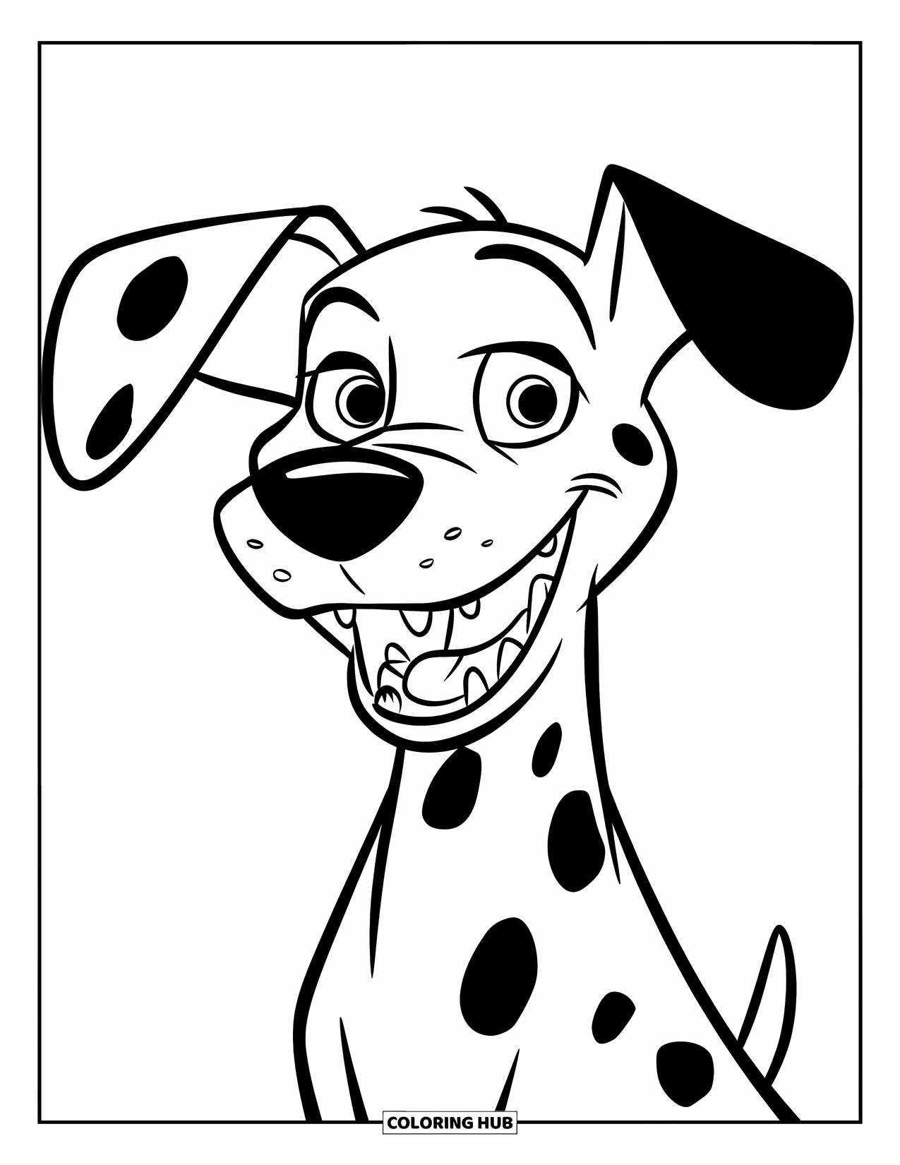 Dalmatian Coloring Page for Kids: A wide-eyed dalmatian with floppy ears shows off a big grin