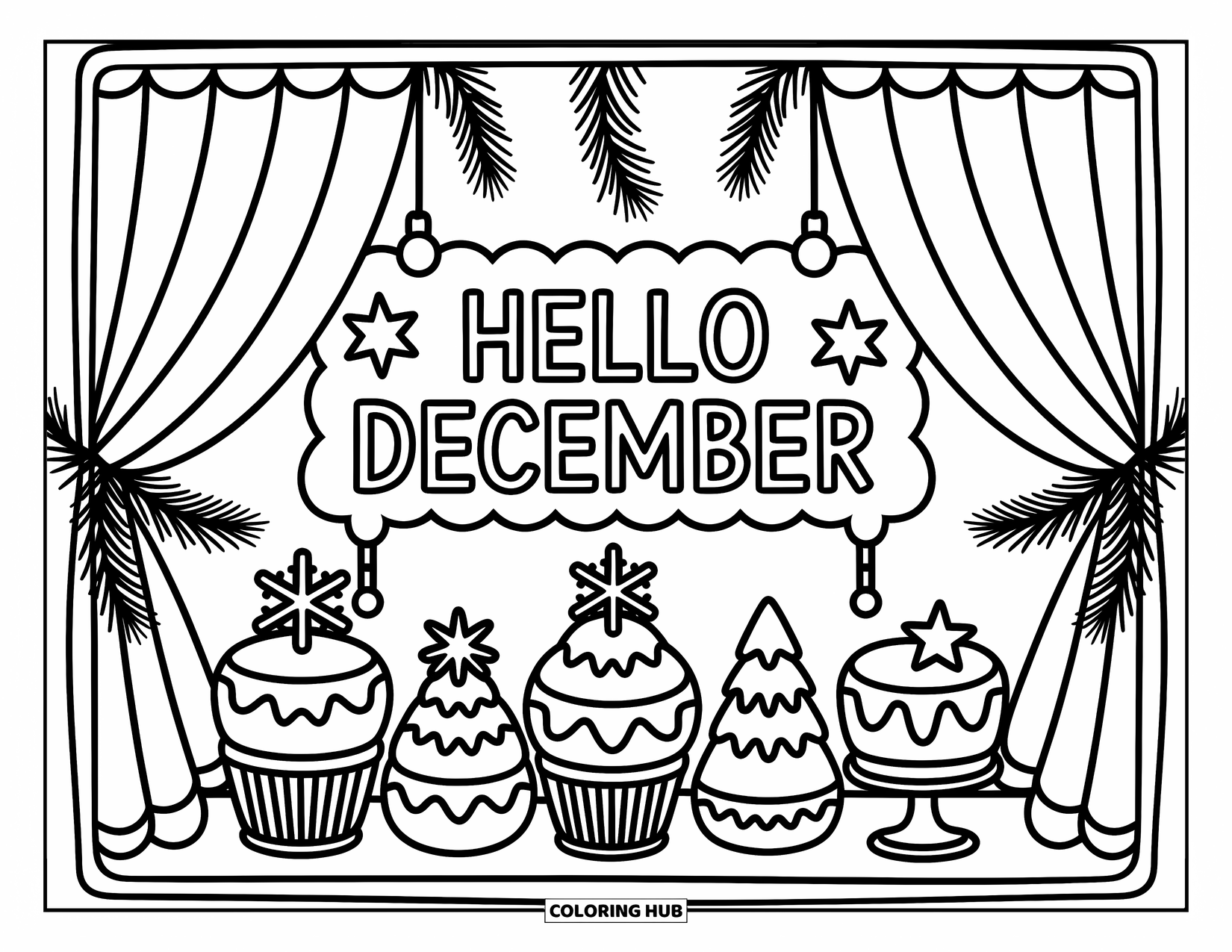 December Coloring Page for Adults: A bakery window overflows with cute December treats and snowflake-shaped sweets