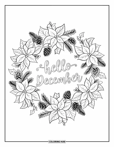 Decemberi kifestő felnőtteknek: Fenyőágakból és bogyókból álló botanikus mandala veszi körül a "Hello December" feliratot