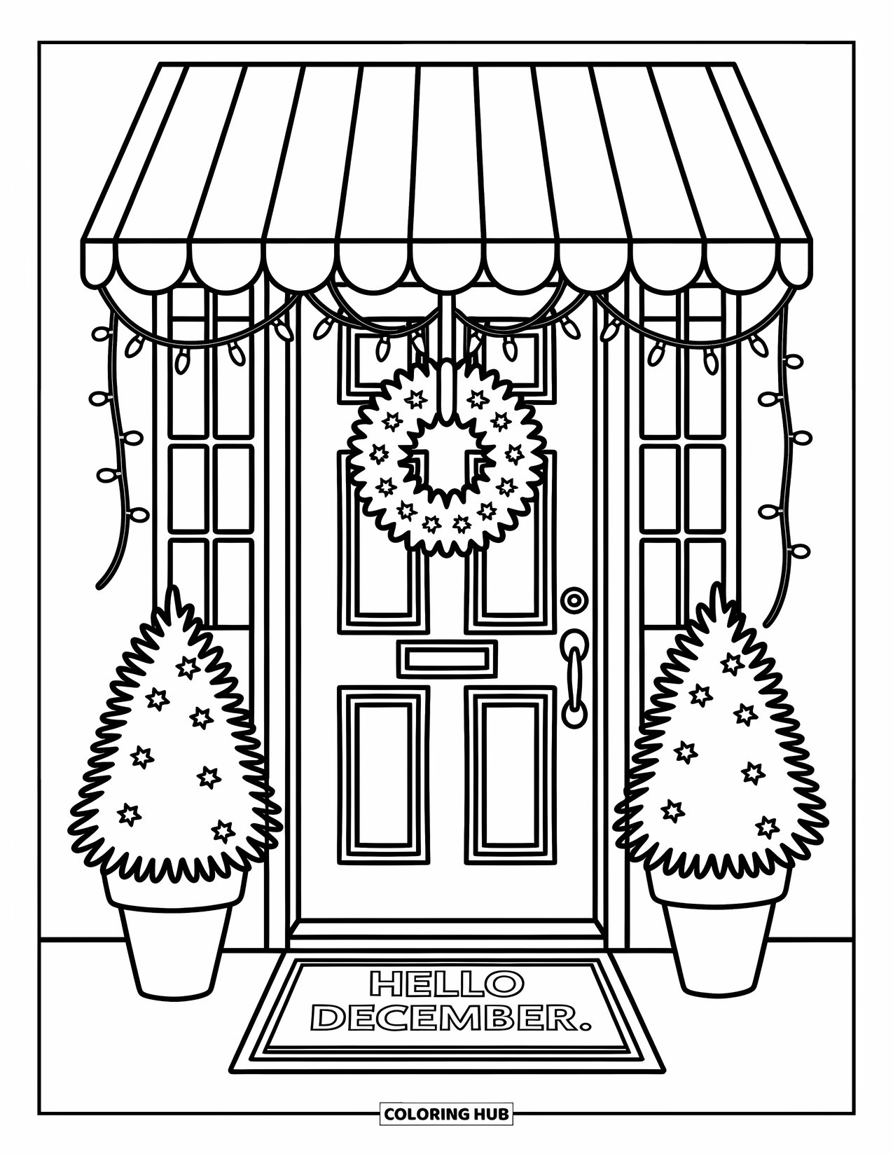December Coloring Page for Adults: A cozy front door welcomes with a wreath, parcels, and a "Hello December" mat