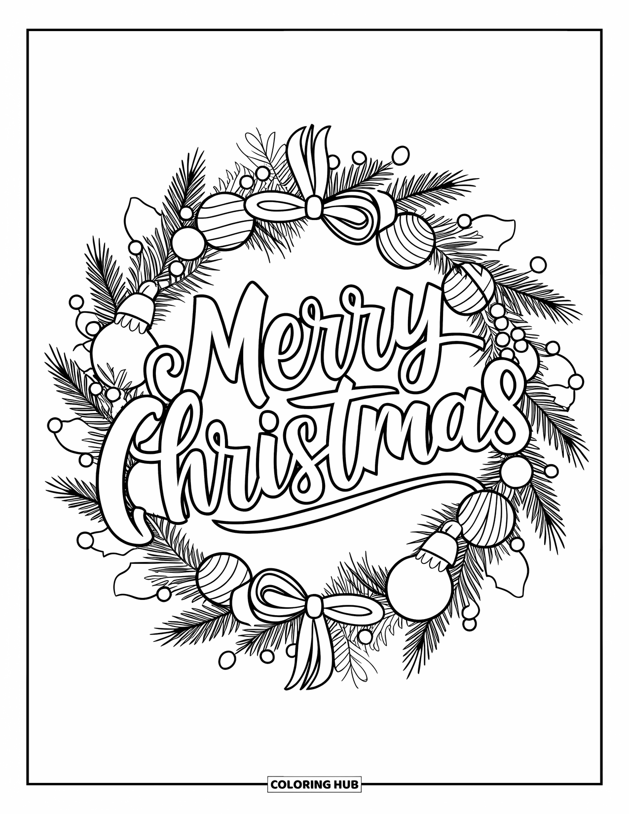 December Coloring Page for Adults: A festive wreath mandala surrounds a brush-lettered "Merry Christmas" greeting