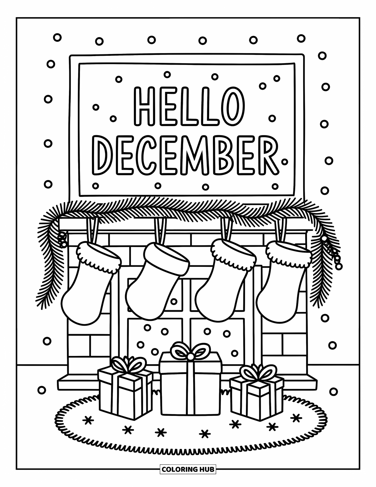 December Coloring Page for Adults: A fireplace scene with snowfall outside features a warm "Hello December" message