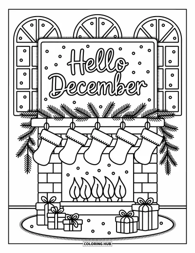 Decemberi kifestő felnőtteknek: Kandalló zoknikkal és ajándékokkal egy "Hello December" kerettel a fal felett