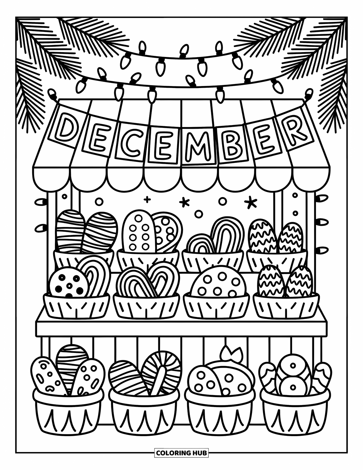 December Coloring Page for Adults: A market stall bursts with gingerbread and treats under a "December" bunting