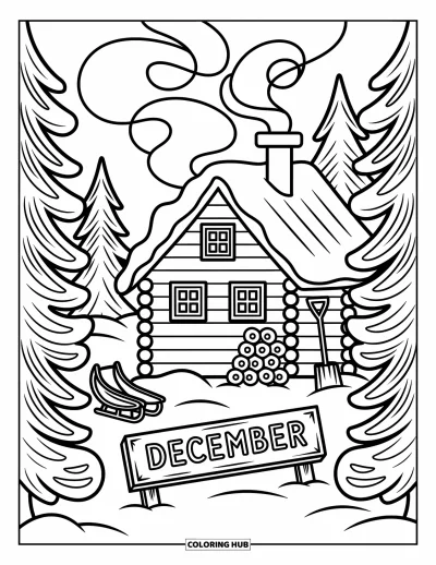 Decemberi kifestő felnőtteknek: Szánkó és lapát pihen egy havas ház mellett egy kedves "December" táblával