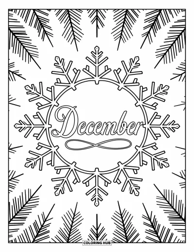 Decemberi kifestő felnőtteknek: Hópihe mandala veszi körül a "December" feliratot elegáns, íves betűkkel