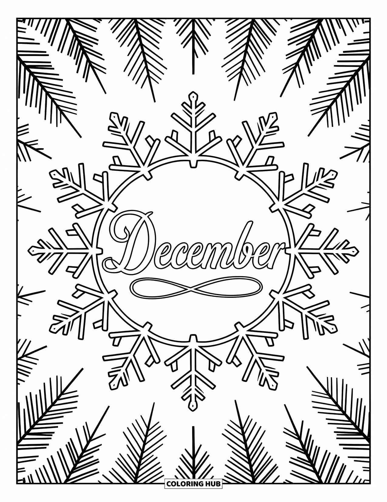 December Coloring Page for Adults: A snowflake mandala surrounds "December" written in graceful, elegant script
