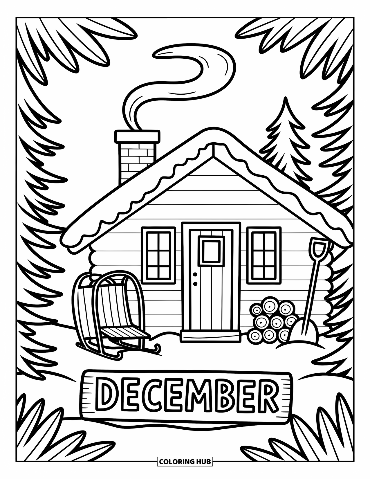 December Coloring Page for Adults: A snowy cabin scene includes a "December" sign, a sled, and curling chimney smoke