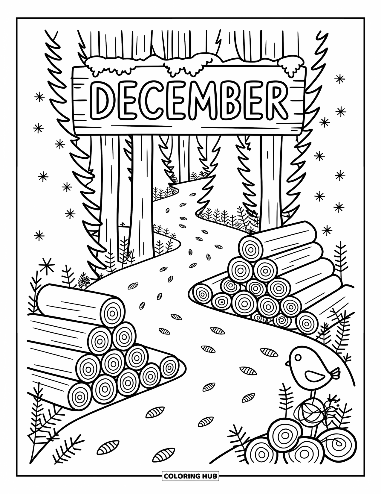 December Coloring Page for Adults: A snowy trail and "December" sign lead through tall trees and pinecone-covered ground