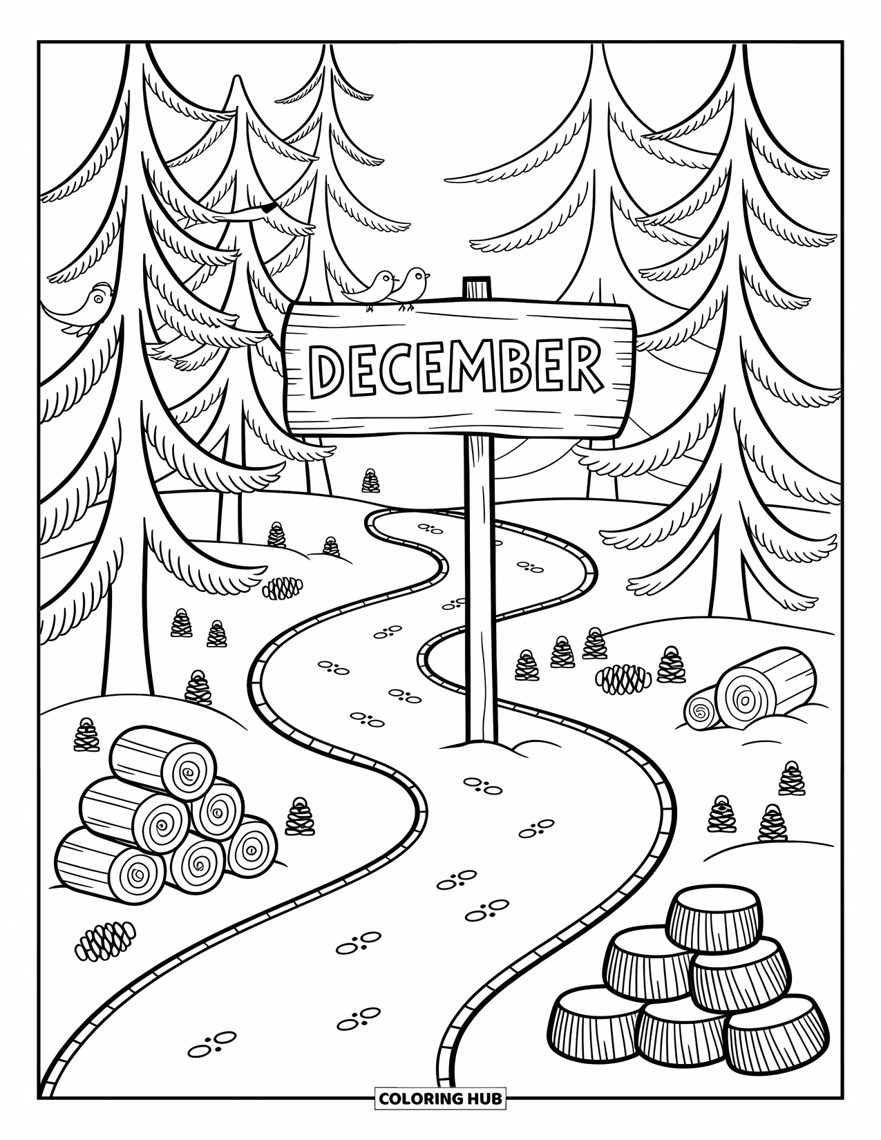 December Coloring Page for Adults: A snowy trail winds past fir trees and a cute wooden sign reading "December"