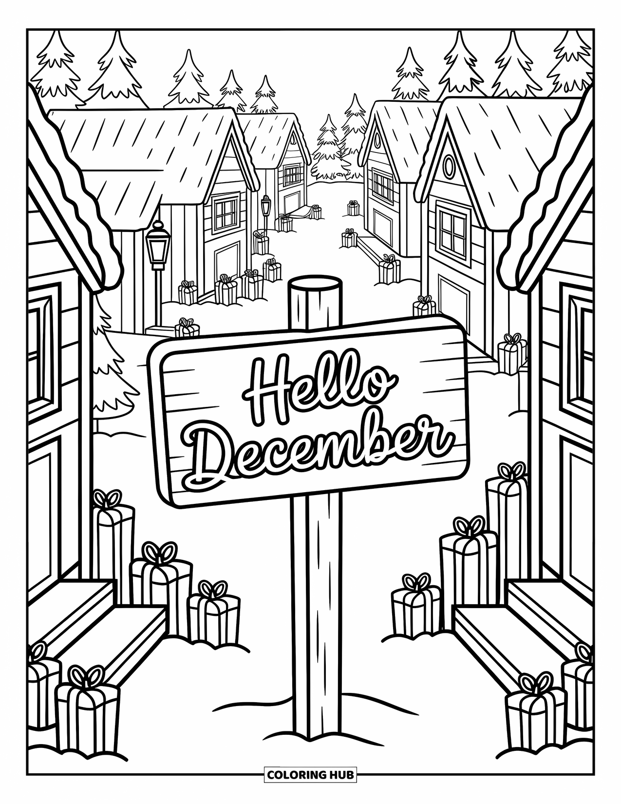 December Coloring Page for Adults: A snowy village path leads to a cute "Hello December" signpost with cozy cabins