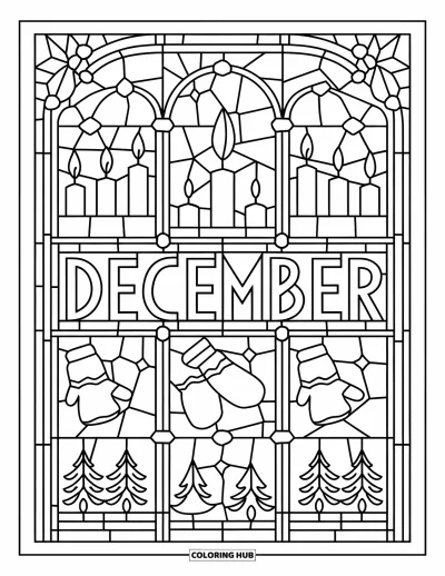 Decemberi kifestő felnőtteknek: Gyertyákkal és csillagokkal díszített ólomüveg ablak keretezi a "December" szót