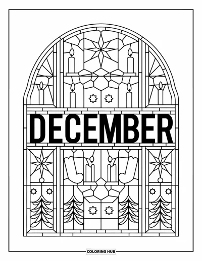 Decemberi kifestő felnőtteknek: A "December" egy téli motívumos ólomüveg ablak közepéből ragyog