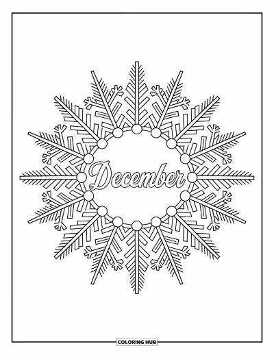 Decemberi kifestő felnőtteknek: A "December" felirat egy jeges részletekkel teli hópihe mandala közepén áll