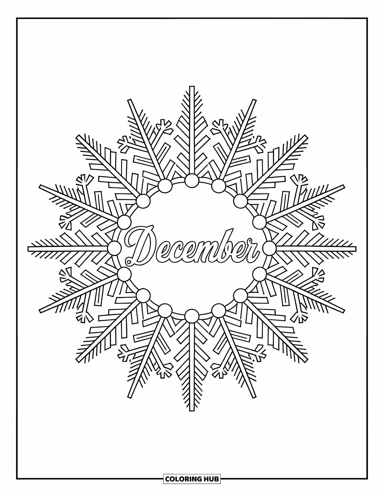 December Coloring Page for Adults: "December" in script is centered inside a snowflake mandala with icy details