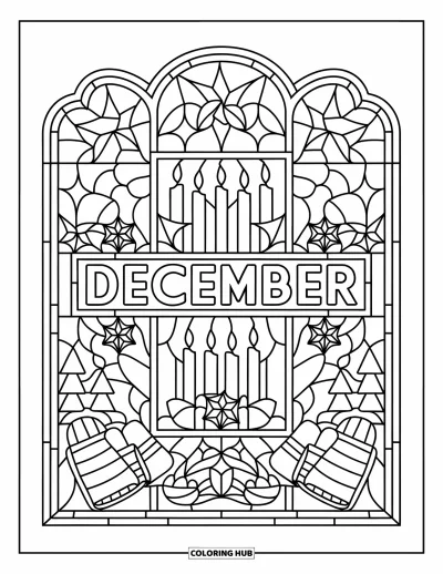 Decemberi kifestő felnőtteknek: A "December" felirat egy téli ólomüveg mintában pihen, kesztyűkkel és fákkal