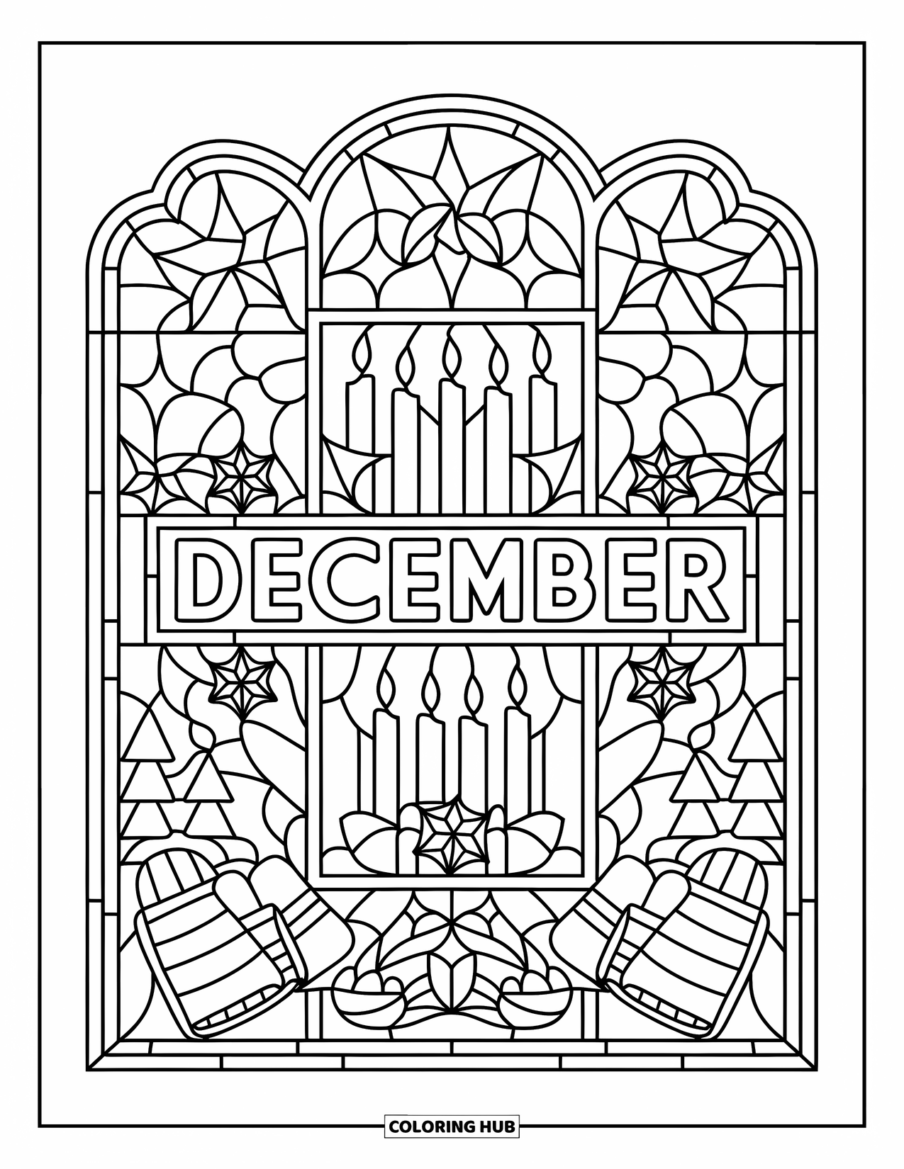December Coloring Page for Adults: "December" rests inside a wintery stained glass design with mittens and trees