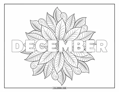 Decemberi kifestő felnőtteknek: A "December" felirat egy mikulásvirágos mandalában áll, szirmokkal, örvényekkel és leveles szimmetriával